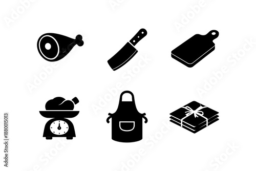 Silhouette kitchen icons: meat, knife, cutting board, scale, apron, recipe book