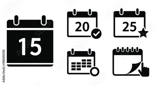 A collection of black calendar icons displaying different dates and features including a marked date and a hand pointer silhouette