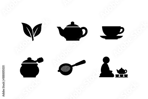 Silhouette tea icons set: teapot, cup, leaves, strainer, ceremony elements