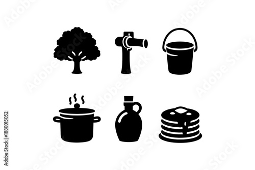 Silhouette icons of everyday objects: tree, water pump, bucket, cooking pot, olive oil, pancakes