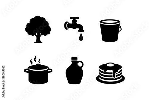 Silhouette icons of everyday objects: tree, faucet, bucket, pot, jug, pancakes
