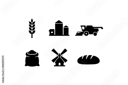 Agriculture icon set: grain, farm, harvest, mill, and bread symbols
