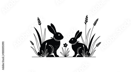 Two rabbits sit amongst wheat and wildflowers in a striking black and white design beautifully rendered as a silhouette high quality