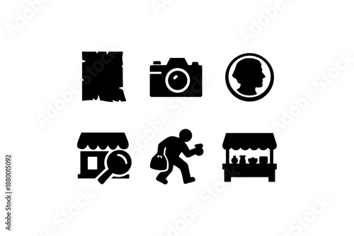 Crime and investigation icons: surveillance, theft, forensic concepts in bold black silhouette style