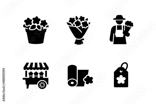 Floral icon set featuring flowers, vendor, and market elements in bold silhouette style