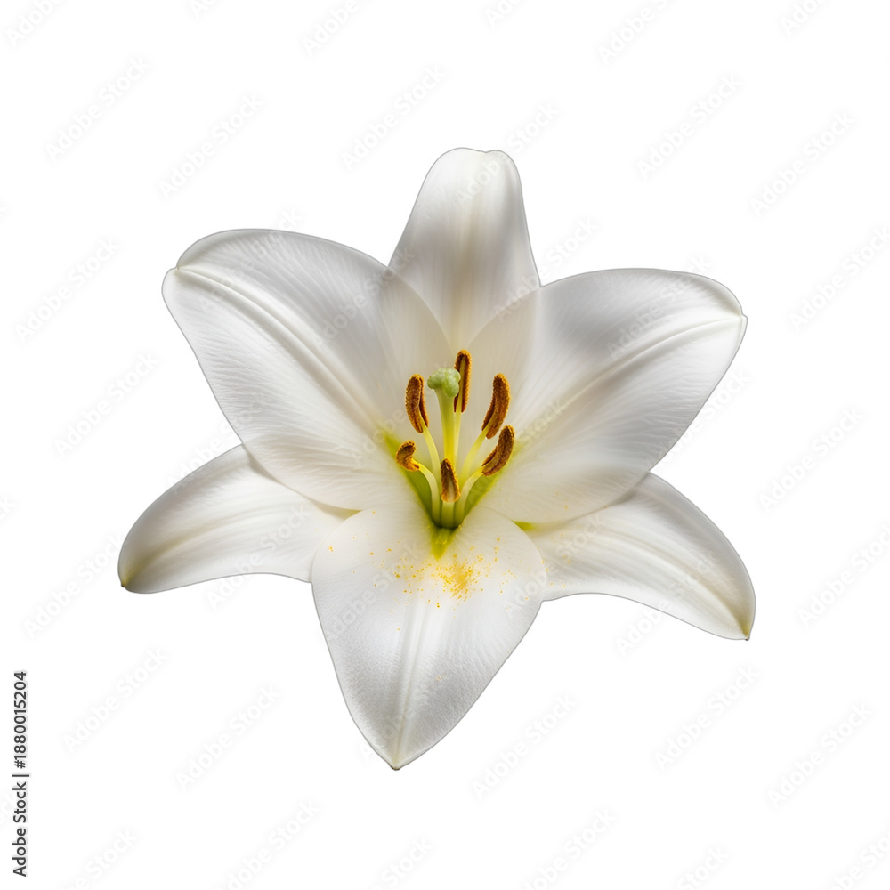 Obraz premium Elegant white lily in full bloom, pristine, pure, perfectly isolated on transparent background. Ideal for weddings, funerals, Mother's Day, spa, beauty, luxury branding,