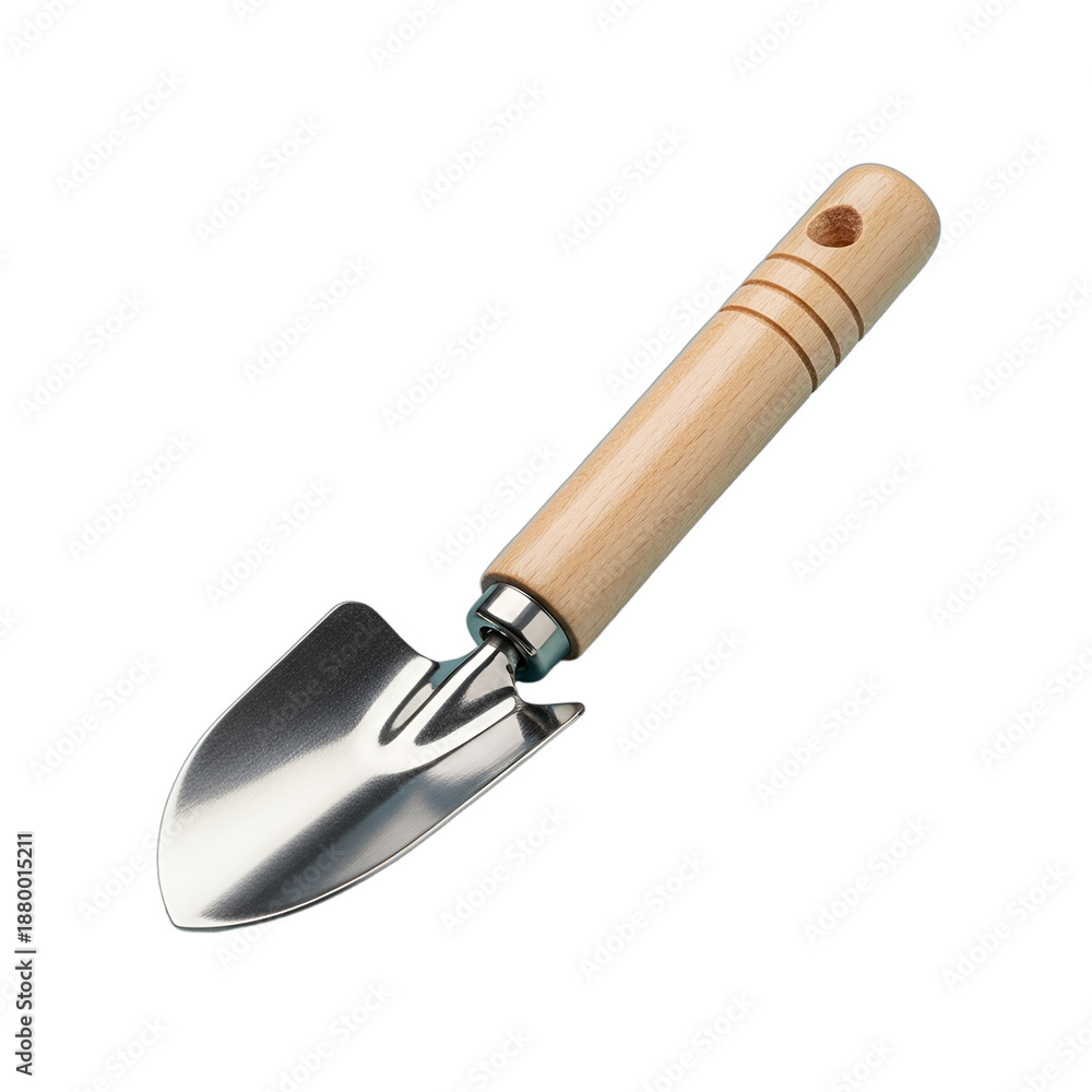 Fototapeta premium Perfectly isolated on transparent background, a small wooden gardening trowel with a light wood handle and gleaming metal blade. Symbolizing spring planting, gardening, and home projects.