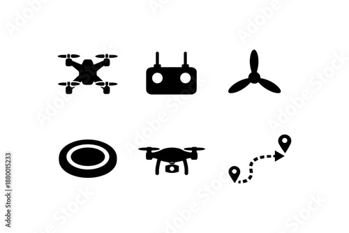 Drone silhouette set: remote control, propeller, and navigation icons
