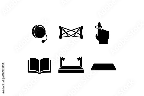 Silhouette icons of classic toys and games on white background