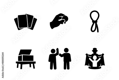 Magic tricks and illusions set: silhouette icons of cards, coin, rope, box, assistants, and magician