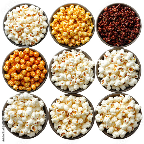 Various popcorn types in circular bowls overhead view