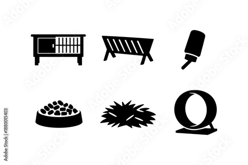 Minimalist pet care icons set: cage, feeder, bottle, food, nest, playground equipment