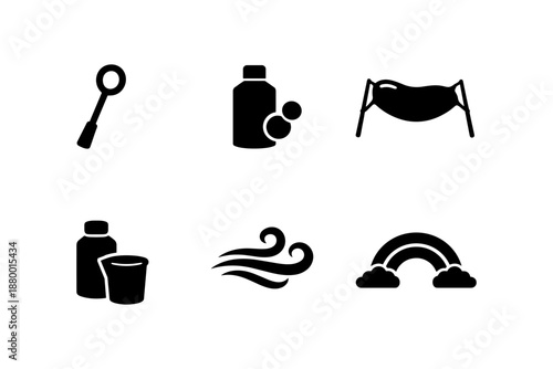 Minimalist icons: soap, bubbles, mask, sanitizer, wind, rainbow