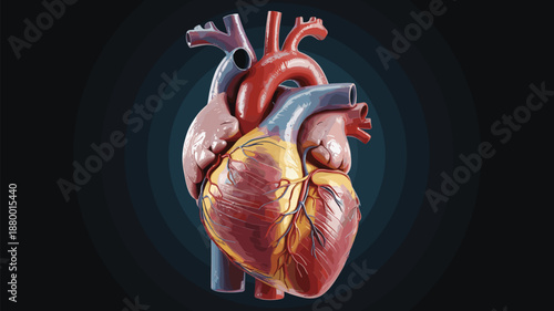 Detailed human heart anatomy illustration with major blood vessels and valves