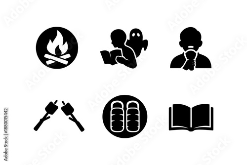 Silhouette camping and storytelling icons: campfire, ghost stories, marshmallows, and more