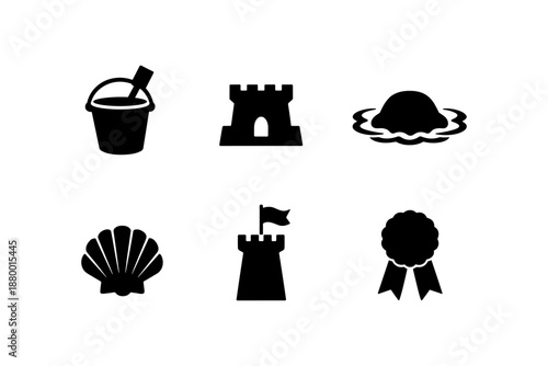 Beach fun icons: sand castle, bucket, and seashell in silhouette style