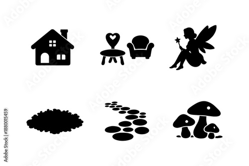 Charming fairy tale icons in black silhouette style