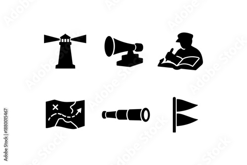 Nautical silhouette icons: lighthouse, telescope, map, sailor, flags for maritime themes