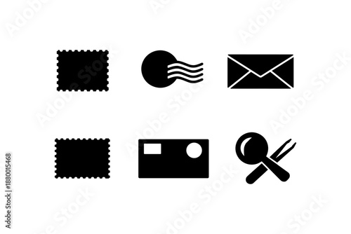 Silhouette mail icons set: stamps, postmark, envelopes, postcard, mailbox, magnifying glass