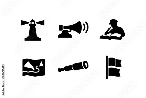 Nautical silhouettes: lighthouse, navigation, and exploration symbols