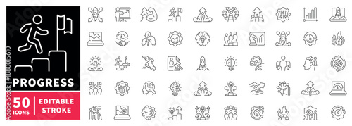 Progress editable line icons set: achievement and growth symbols
