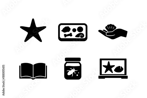 Silhouette icons: starfish, fossils, seashell, cookbook, specimen, marine exploration