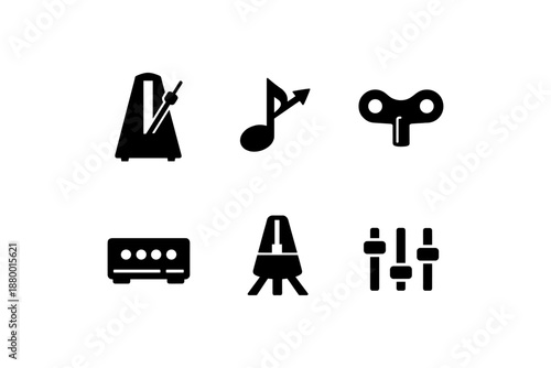Set of black music icons featuring metronome and control elements