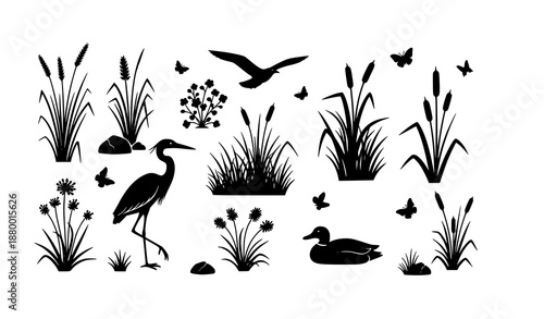 Minimal swamp vegetation and bird silhouettes vector illustration set