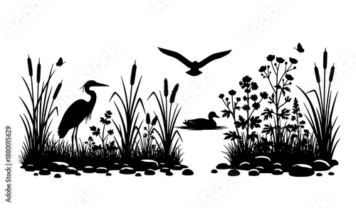 Monochrome swamp landscape silhouette vector with plants birds and butterflies