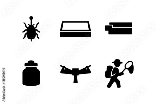 Insect research icons: bug, collection case, specimen, jar, butterfly, entomologist