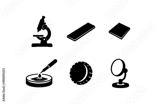 Silhouette science equipment: microscopy, laboratory tools, and technology icons