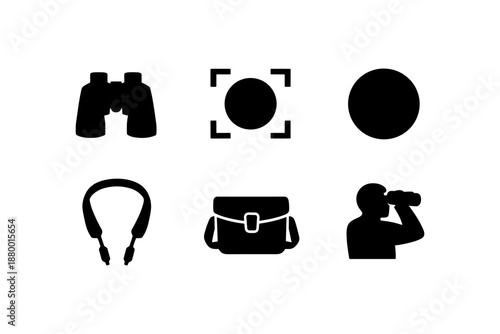 Silhouette icons: binoculars, camera focus, headphones, bag, observer