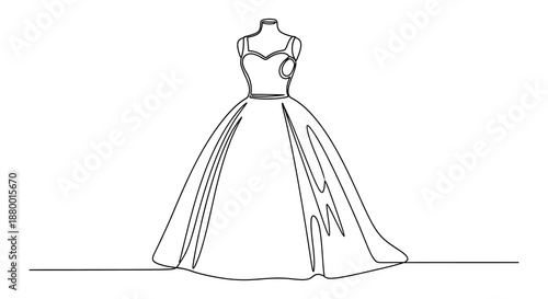 a delicate line drawing depicts a flowing ballgown dress with a fitted bodice and full skirt a minimalist silhouette high quality