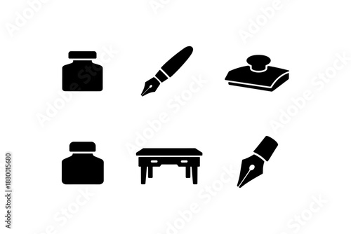 Vintage writing tools silhouette collection: ink bottles, pens, desk essentials