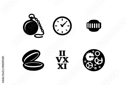 Vintage watch icons: monochrome clock and gear symbols in minimal design