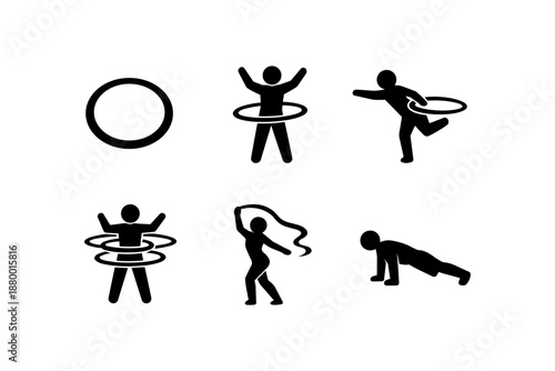 Silhouette icons of hula hoop fitness exercises and dance poses