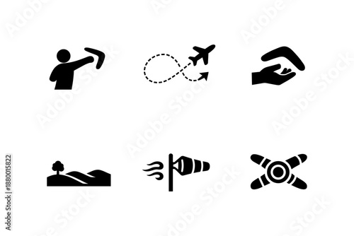 Silhouette icons: boomerang, flight path, donation, landscape, windsock, propeller
