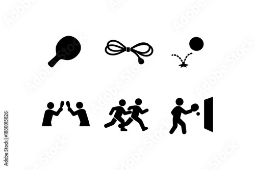Silhouette icons of sports activities: table tennis, jump rope, ball games