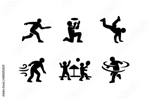 Dynamic black silhouette icons of people engaged in various sports activities