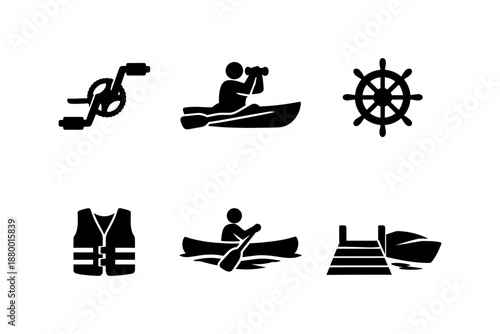 Silhouette icons of outdoor water activities and equipment