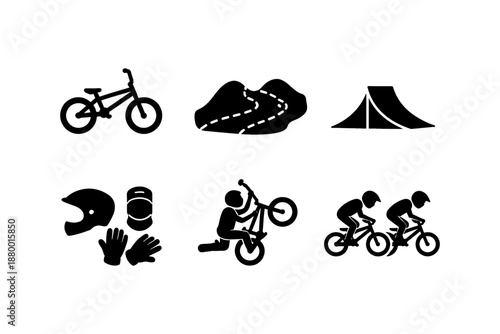 Silhouette icons of mountain biking and camping adventures
