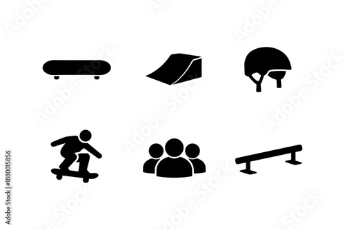 Skateboarding silhouette icons: helmets, ramps, skateboards, and rails