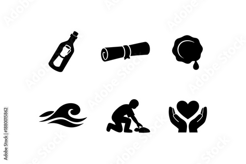Silhouette icons of bottle message, scroll, seal, waves, gardening, heart in hands