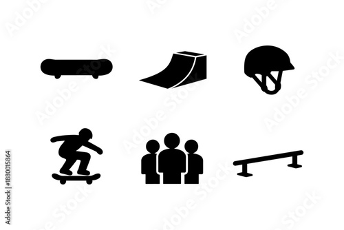 Skateboarding icon set with ramp, helmet, and skater in minimalist silhouette style