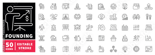 Business founding editable line icons set: startup, entrepreneur symbols