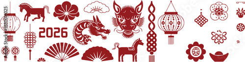 Oriental Celebration Icons Lunar New Year 2026 Horse and Lucky Symbols