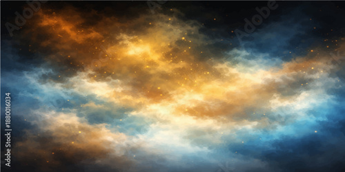 Deep space background with stars and abstract dramatic clouds under a dark sunlit atmosphere featuring blue light and white weather effects in a summer sunset heaven landscape