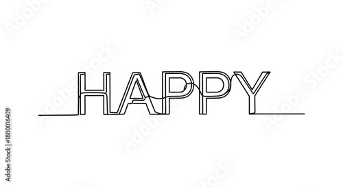 The image displays the word happy constructed from thin continuous lines creating a minimalist art piece a striking silhouette high quality