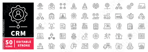 Crm editable line icons set: customer management and business solutions