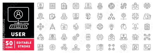 User management editable line icons set: profile and account symbols in outline style